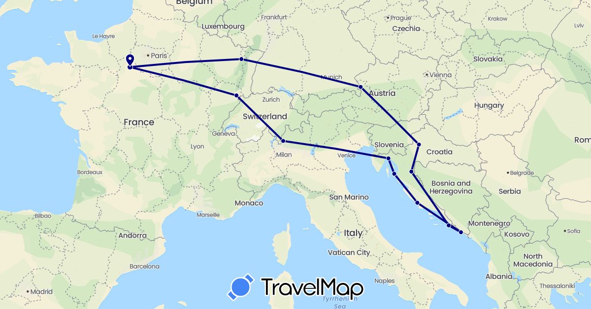 TravelMap itinerary: driving in Austria, France, Croatia, Italy (Europe)